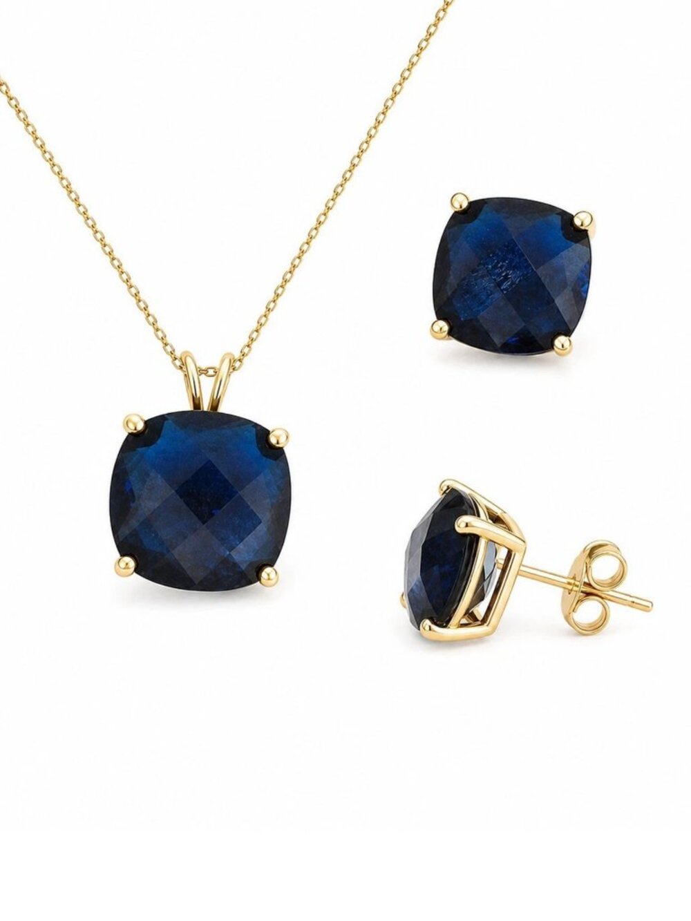 Checkerboard 22.12 CT Blue Sapphire Earrings & Pendant Set 14k Gold